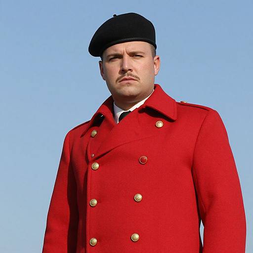Man in Red Military Style Coat and Black Beret