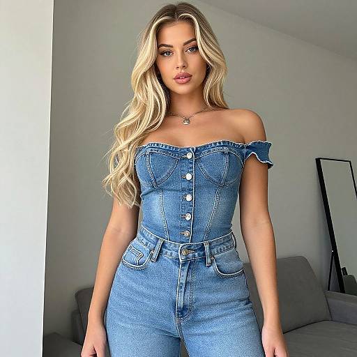 Stylish Woman Wearing Off-Shoulder Denim Top and High-Waisted Jeans in Modern Interior