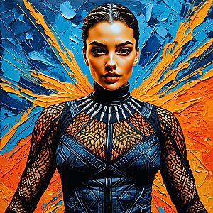 Futuristic Woman Portrait with Abstract Blue and Orange Background