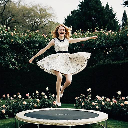 Joyful Woman Jumping on Trampoline in Vintage Dress in Rose Garden