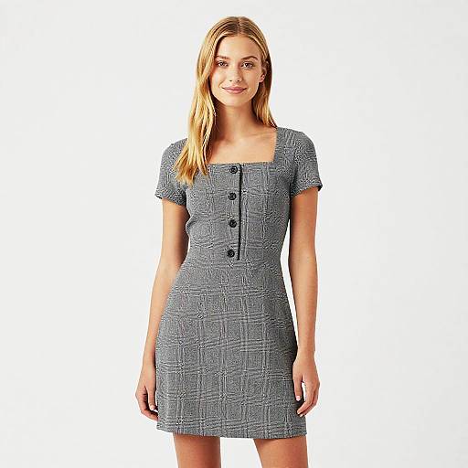 Woman Wearing Gray Plaid Dress with Square Neckline and Button Detail