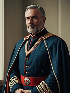 Cinematic Realism Portrait of Man in Grand Military Costume with Red Sash