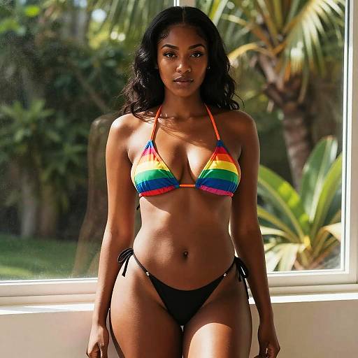 Confident Woman in Rainbow Bikini Top and Black Bottoms by Window