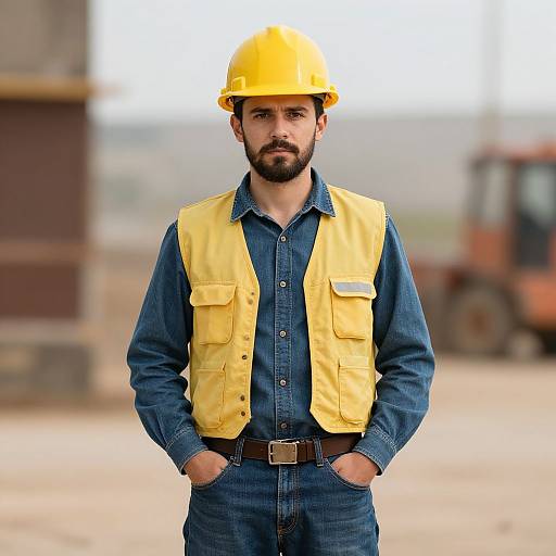 Construction Worker Wearing Yellow Safety Gear at Industrial Site