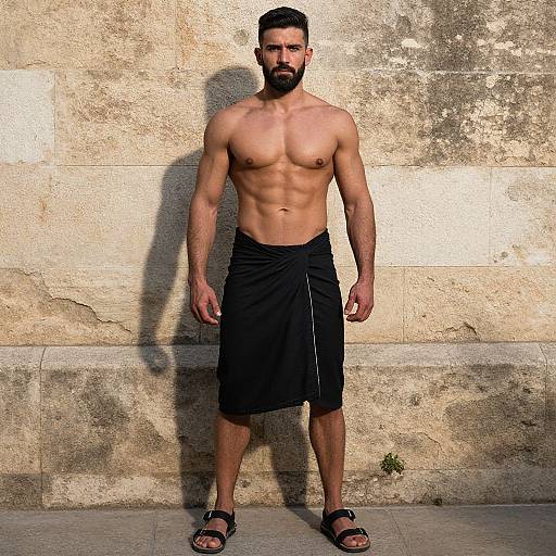 Muscular Man Wearing Black Wrap Skirt Standing Against Stone Wall
