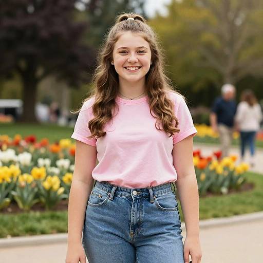 Happy Teen Girl in Pink T-Shirt and Jeans in Blooming Park