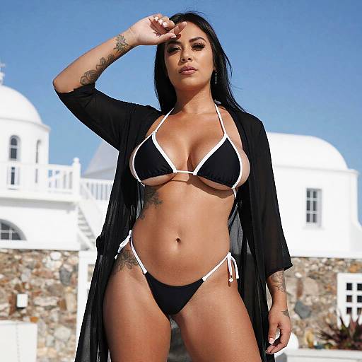 Confident Woman in Black Bikini with Sheer Cover-Up Near Mediterranean Buildings