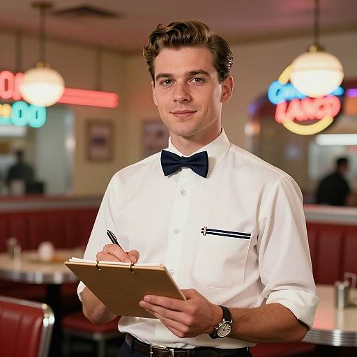 Retro 1950s Style Male Waiter Taking Order in Classic Diner