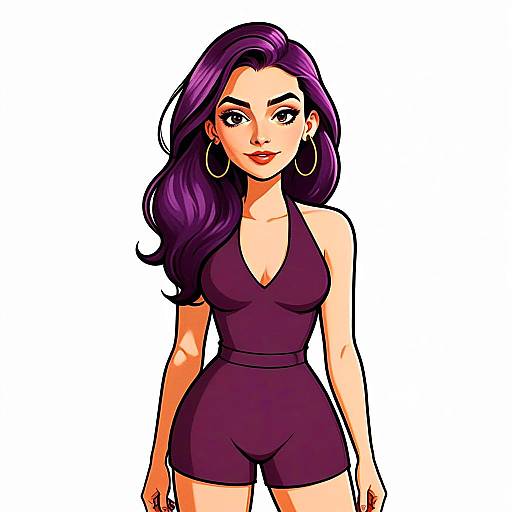 Stylish Woman with Purple Hair in Casual Chic Romper Digital Illustration