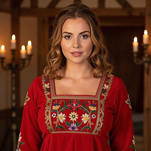 Young Woman in Embroidered Red Dress with Floral Patterns in Candlelit Vintage Setting