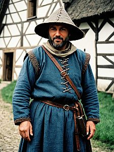 Medieval Peasant Costume Man in Blue Tunic with Hat