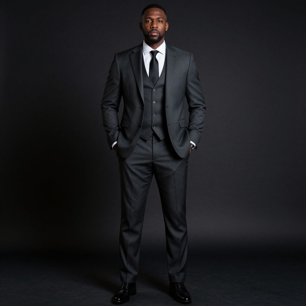 Confident Man in Tailored Charcoal Gray Three-Piece Suit