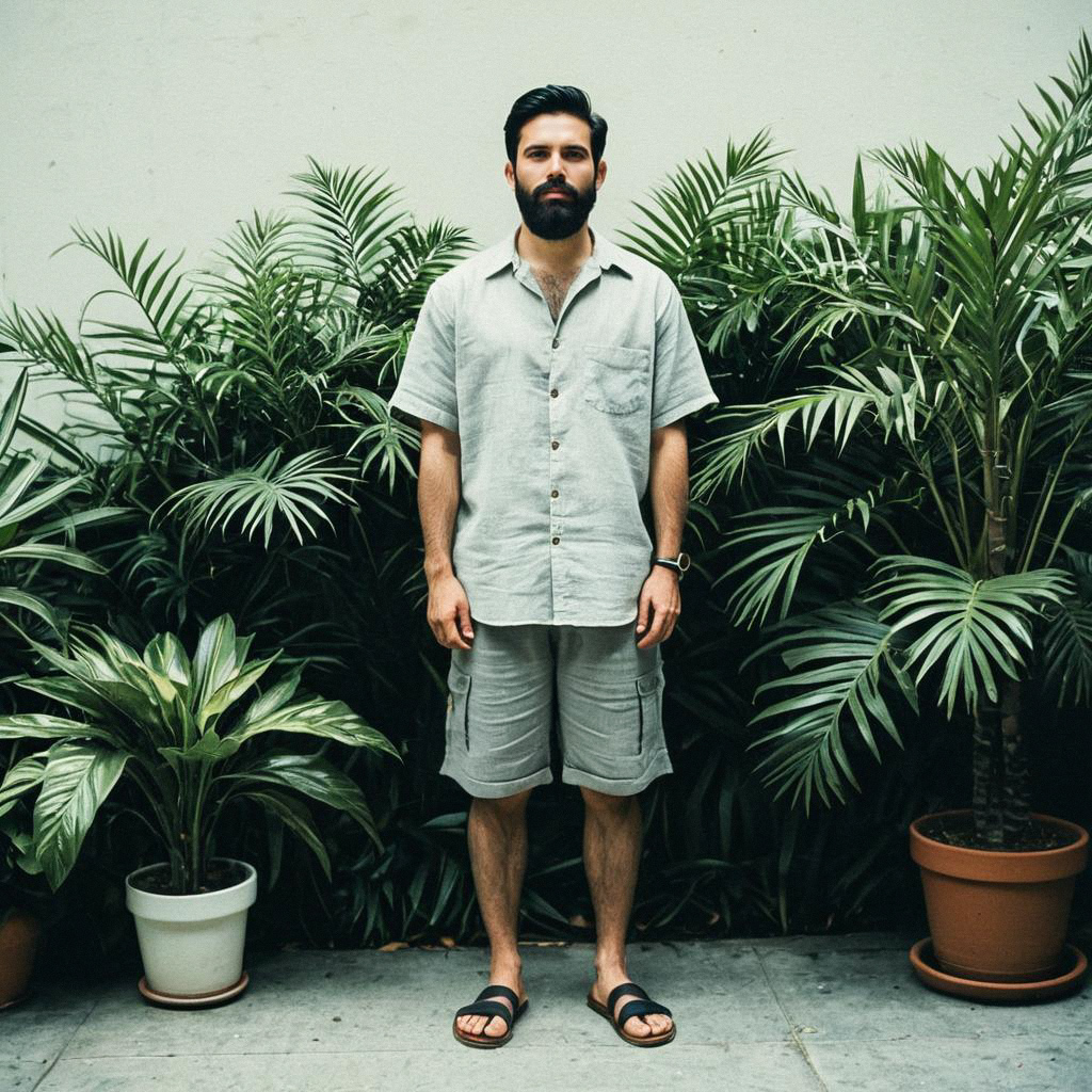 Man in Linen Shirt with Tropical Plants