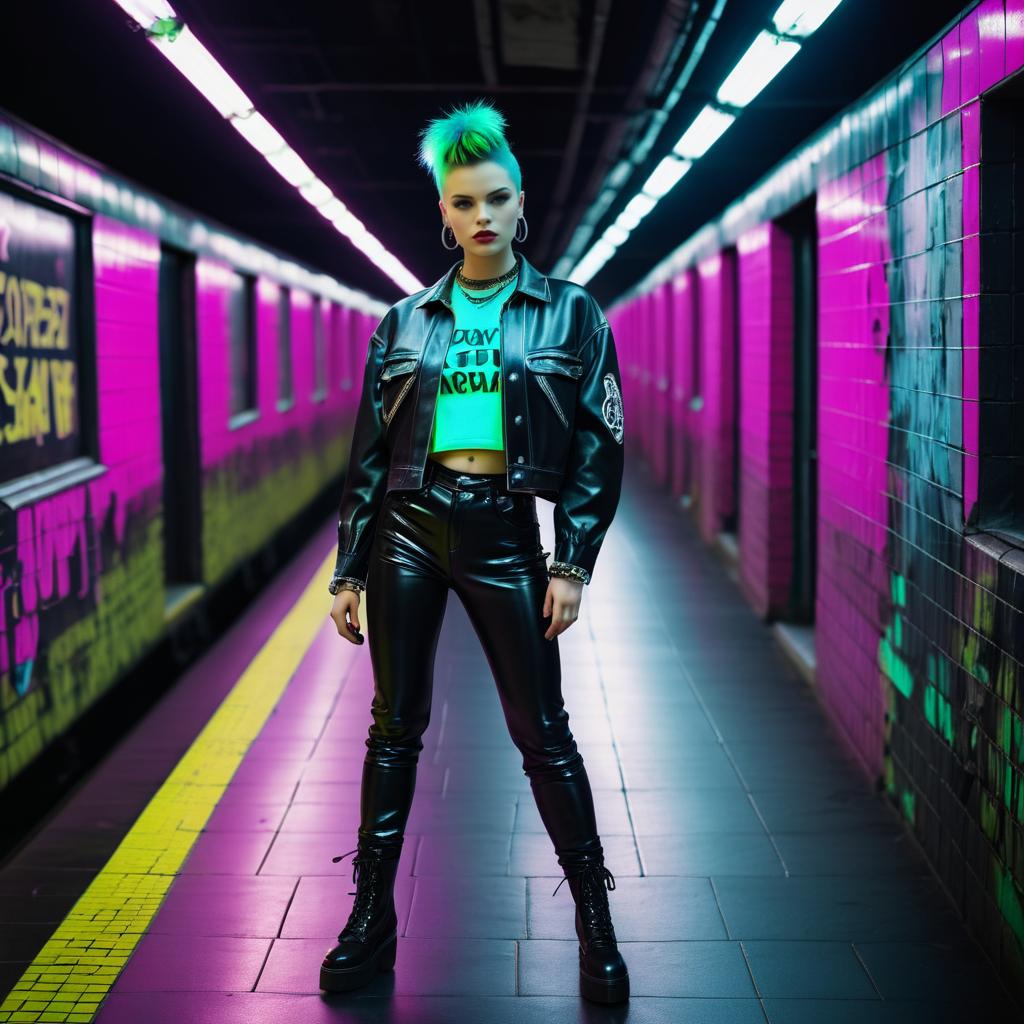 Confident Woman in Punk Style with Green Hair in Subway