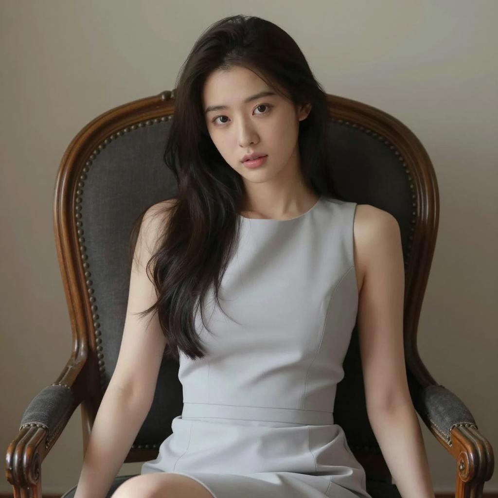 Elegant Young Woman Sitting in Vintage Armchair Wearing Gray Dress