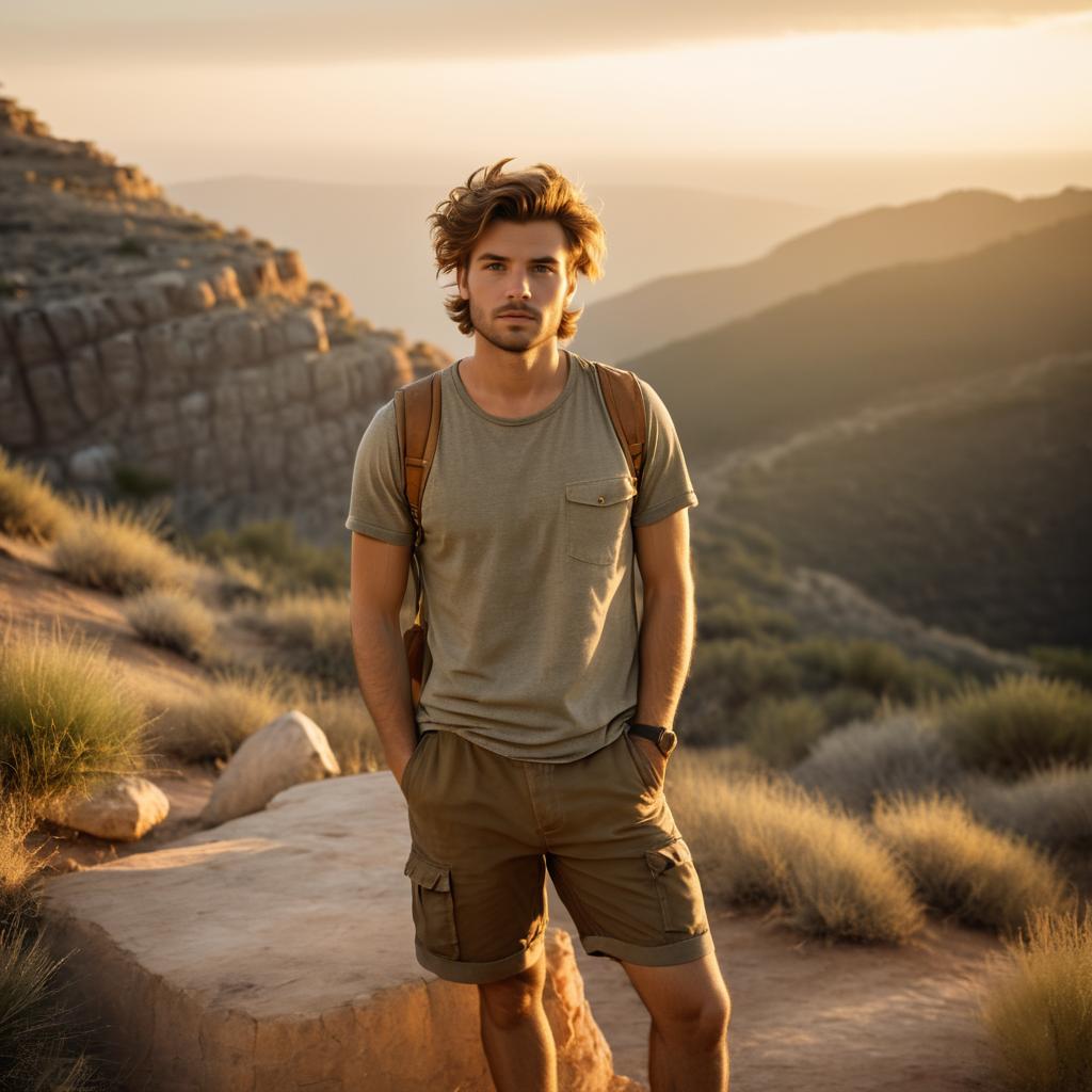 Confident Young Man on Rocky Terrain at Sunset