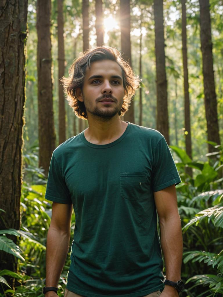 Man with Peso Pluma Hairstyle in Lush Forest