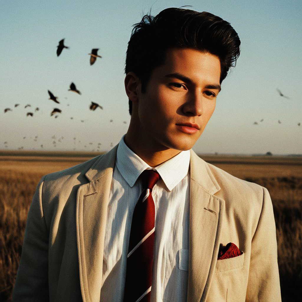 Thoughtful Young Man in Beige Blazer at Golden Hour