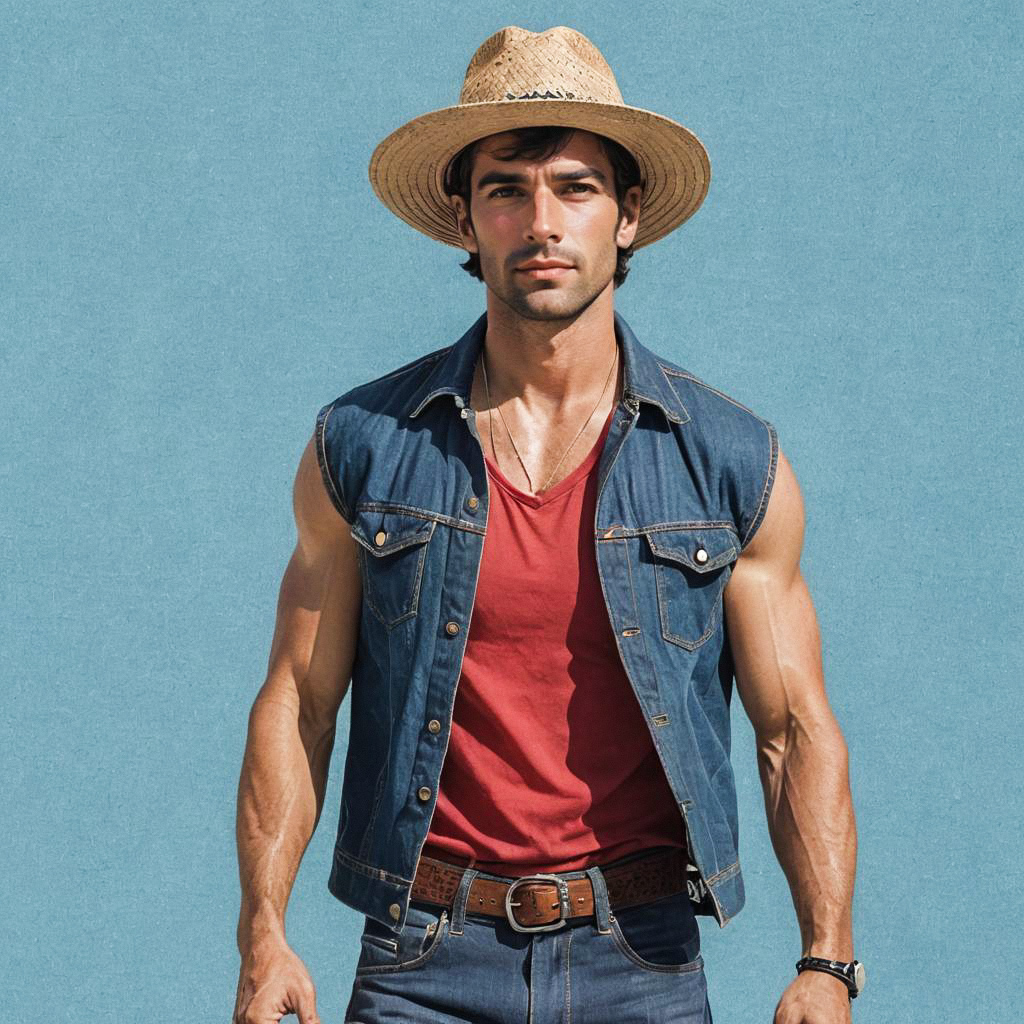 Muscular Man in Denim Vest and Straw Hat Muscular Man in Denim Vest and Straw Hat