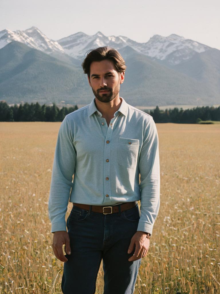 Man Wearing Jersey Button Down Shirt Standing in Field with Mountains Background
