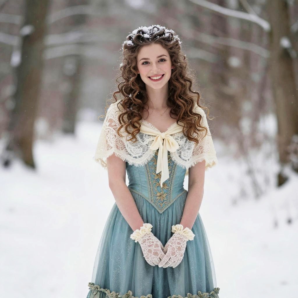 Young Woman in Vintage Blue Gown Standing in Snowy Forest