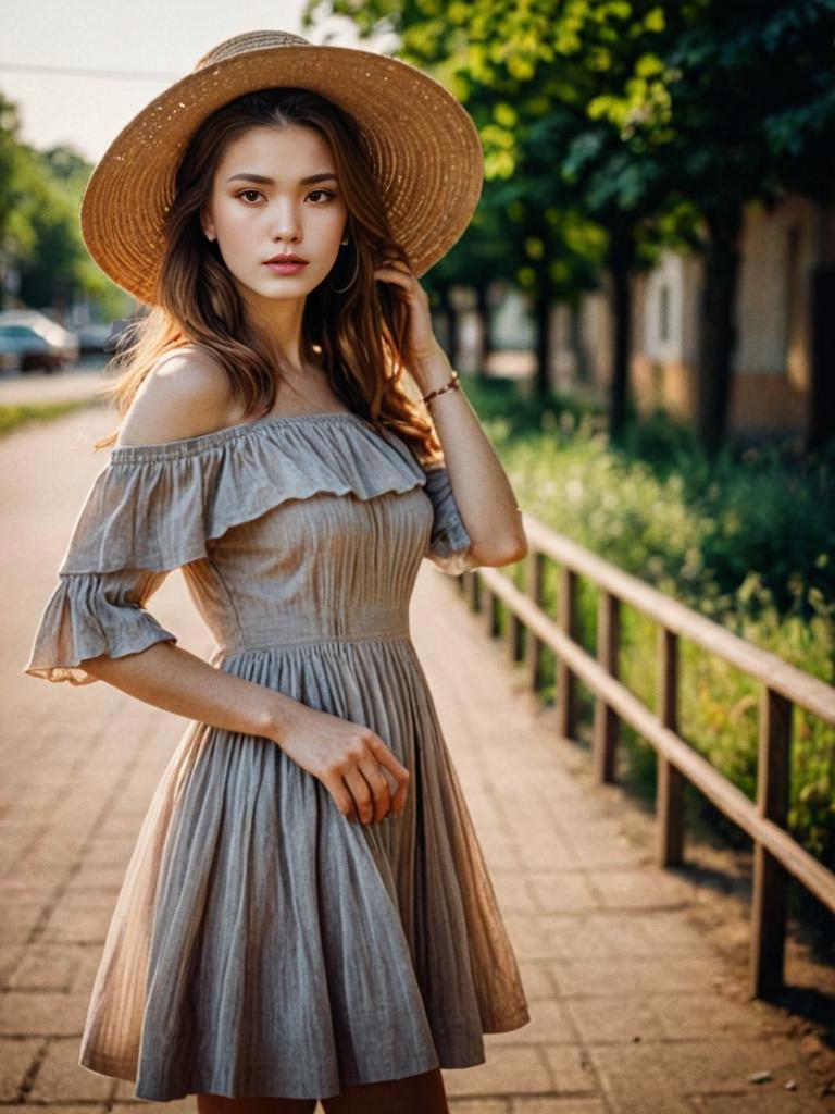 Vintage Summer Style Woman in Off-Shoulder Dress