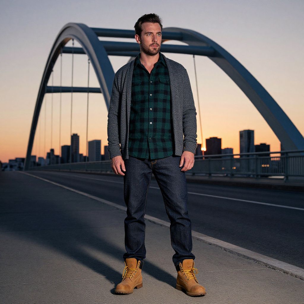 Man Standing on Modern Bridge at Sunset in Casual Autumn Outfit