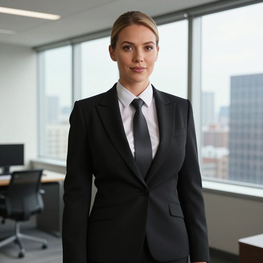 Confident Businesswoman in Black Suit in Modern Office