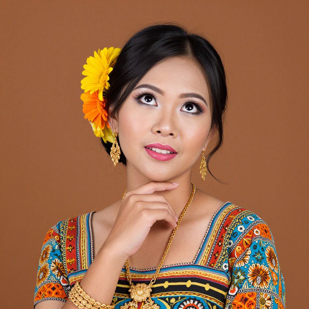 Portrait of Woman in Colorful Traditional Dress with Gold Jewelry and Floral Hair Accessories