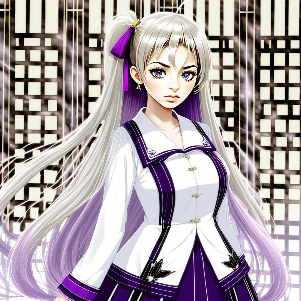 Anime Girl with Long Silver Hair in Purple and White Outfit