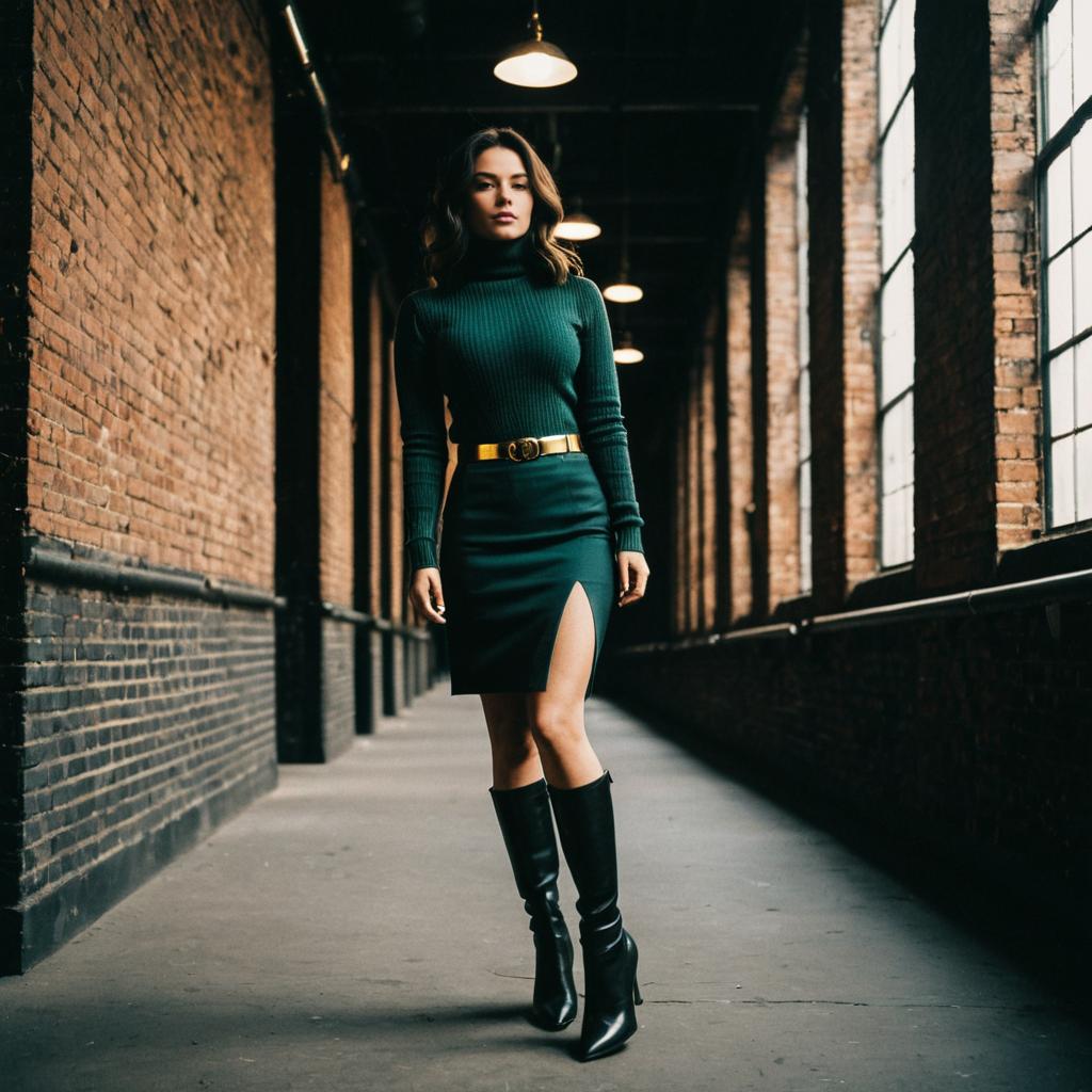 Confident Woman in Dark Green Outfit Walking in Industrial Corridor