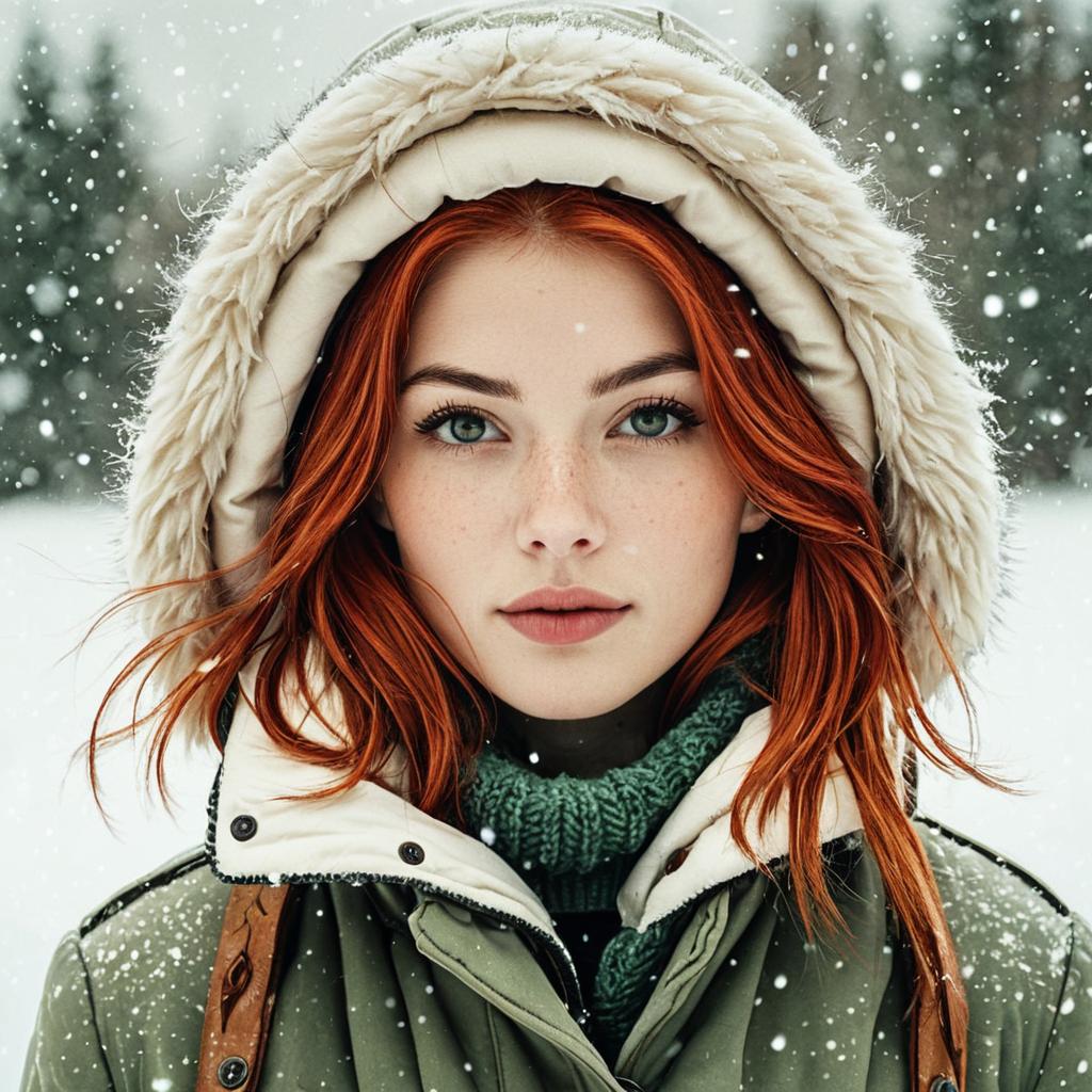 Young Woman with Red Hair in Snowy Winter Parka Portrait