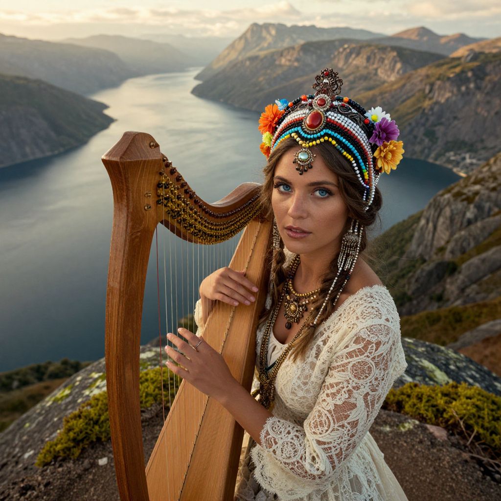 Woman Playing Harp in Traditional Headdress on Mountain Overlooking Fjord