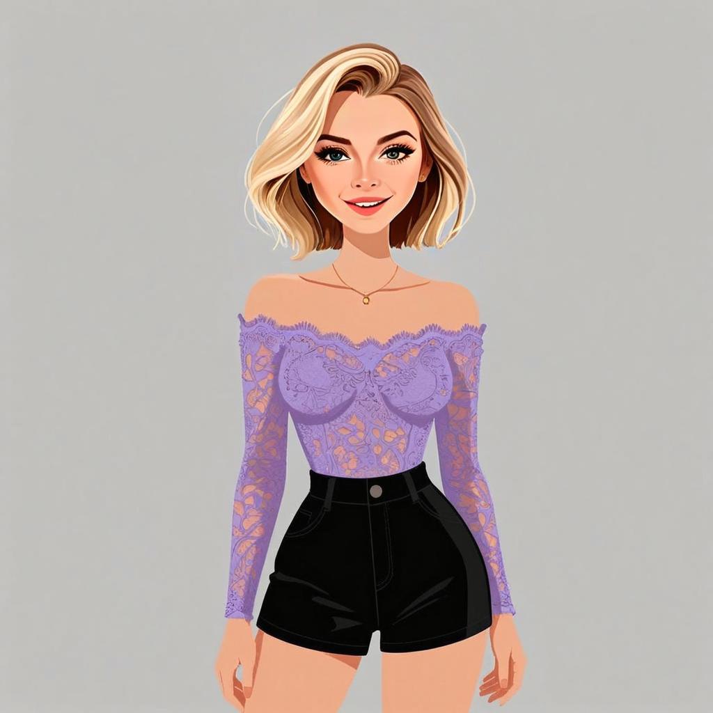 Stylish Woman in Lavender Lace Top and Black Shorts Digital Illustration
