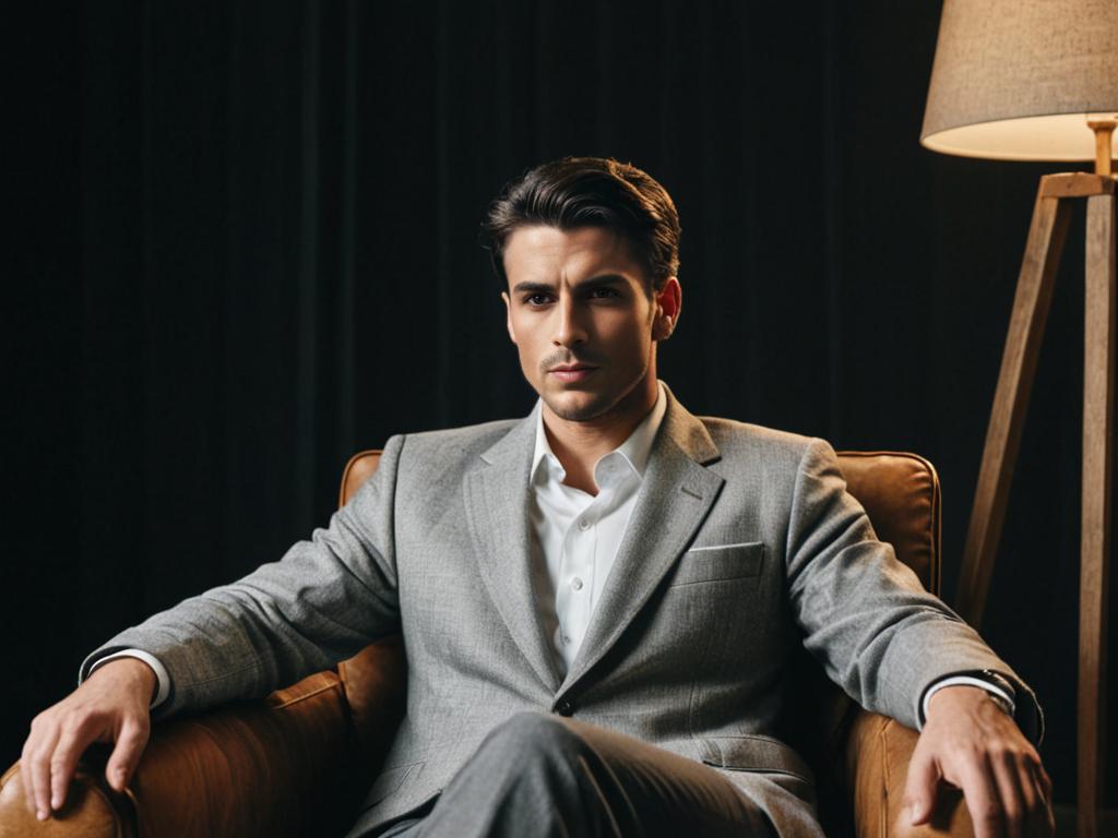 Confident man in stylish grey suit in elegant chair