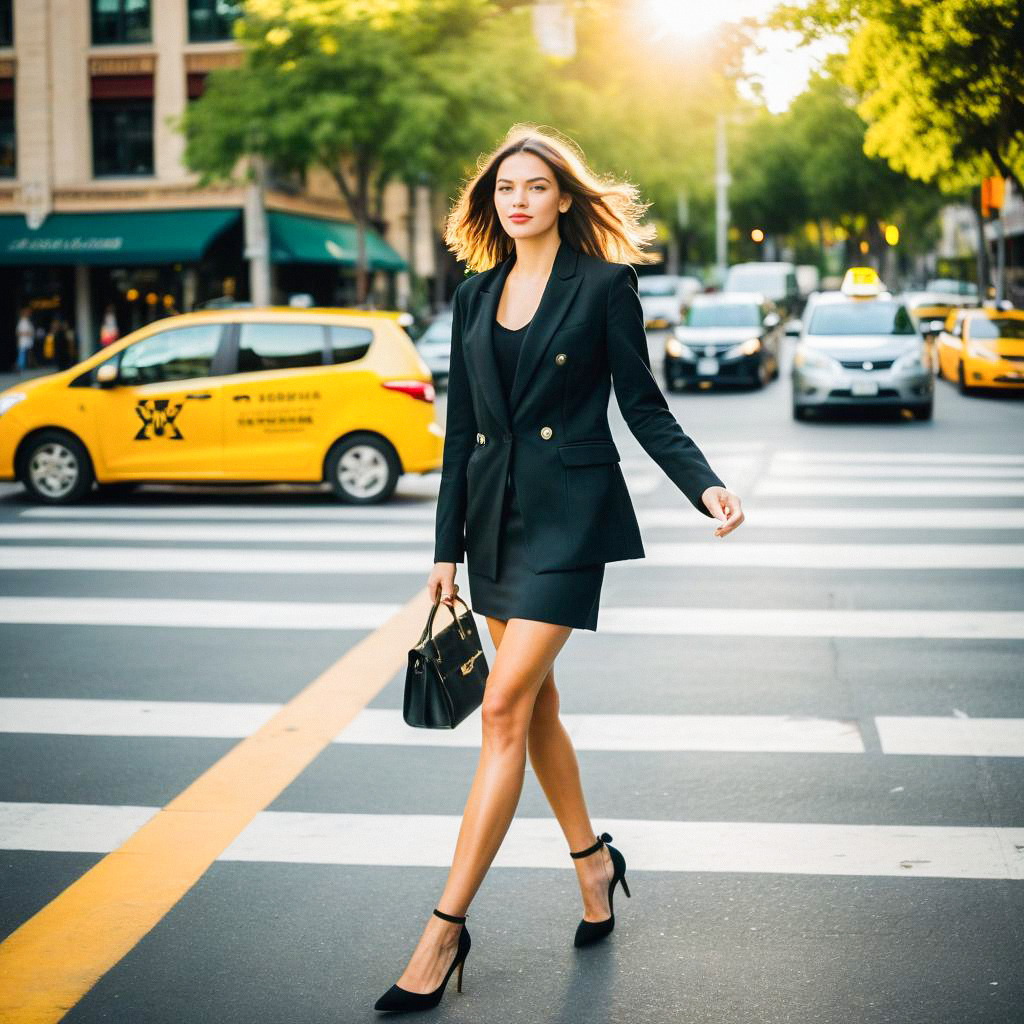 Confident Woman in Blazer Dress on City Crosswalk