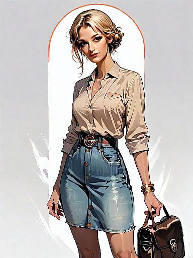 Realistic Comic Style Portrait of Woman in Denim Skirt and Beige Shirt