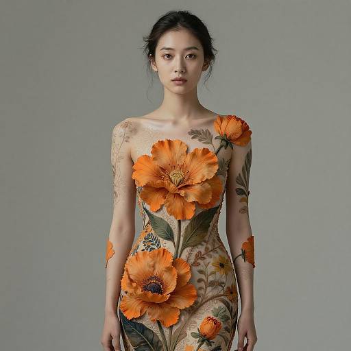 Young Woman with Vibrant Orange Floral Body Paint Art