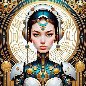 Futuristic Cyborg Woman with Gold and Blue Elements