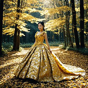 Woman in Golden Ball Gown on Autumn Path