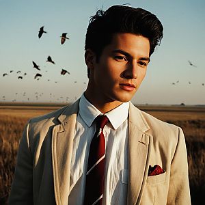 Thoughtful Young Man in Beige Blazer at Golden Hour