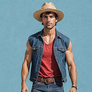 Muscular Man in Denim Vest and Straw Hat