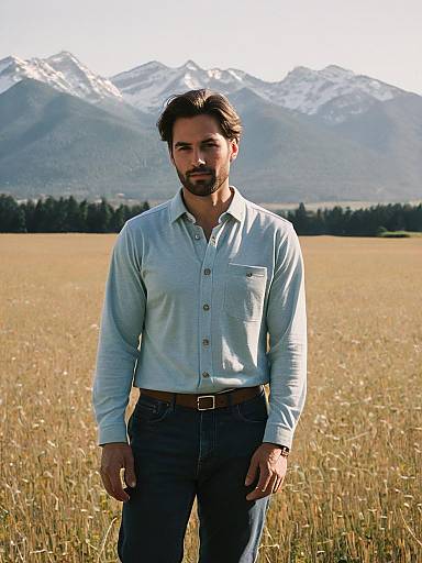 Man Wearing Jersey Button Down Shirt Standing in Field with Mountains Background