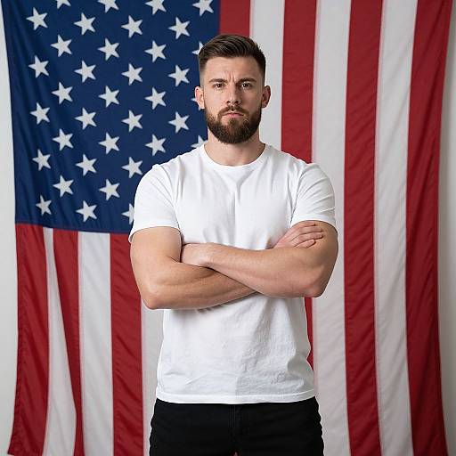 Confident Bearded Man Standing with Arms Crossed in Front of American Flag