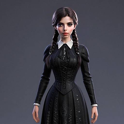 Gothic Style Woman in Black Corseted Dress with Braided Hair