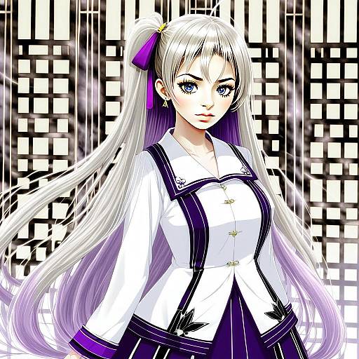 Anime Girl with Long Silver Hair in Purple and White Outfit