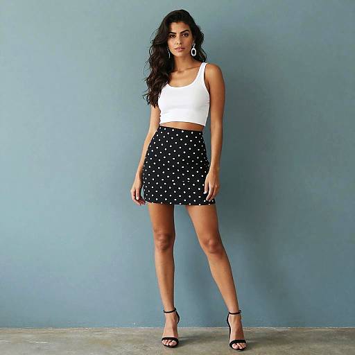 Stylish Gen Z Woman in White Crop Top and Polka Dot Mini Skirt