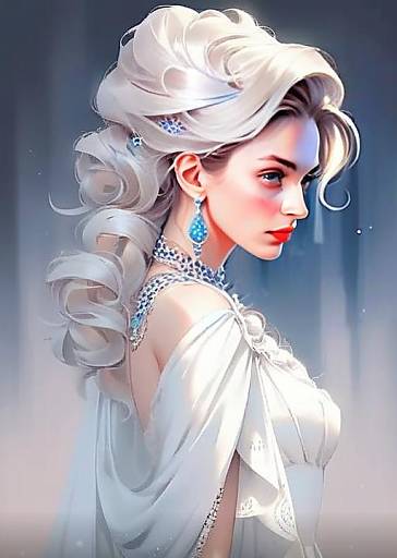 Elegant Woman with Silver Hair and Blue Gemstone Jewelry in Fantasy Style