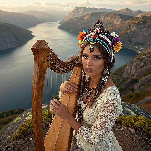 Woman Playing Harp in Traditional Headdress on Mountain Overlooking Fjord