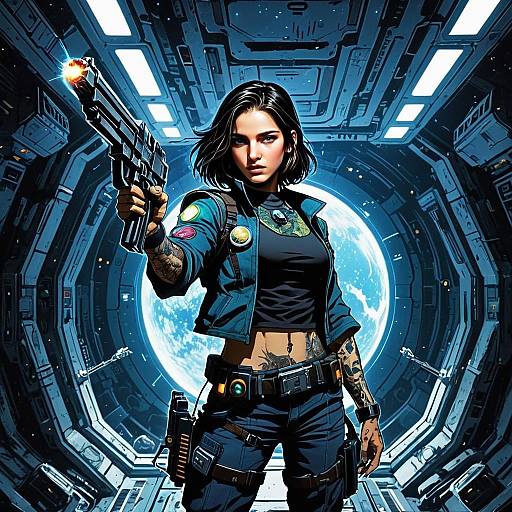 Futuristic Woman with Pistol in Sci-Fi Spacecraft Corridor